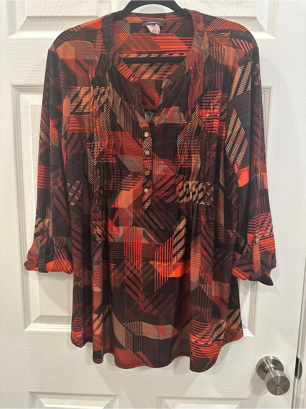 Cocomo roll sleeve v neck abstract print blouse size L VGUC